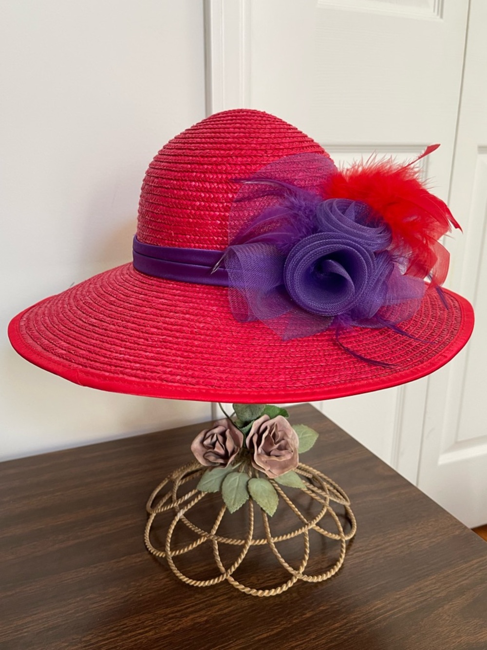 Vibrant Red Straw Hat w/ Purple Silk Rose & Feathers